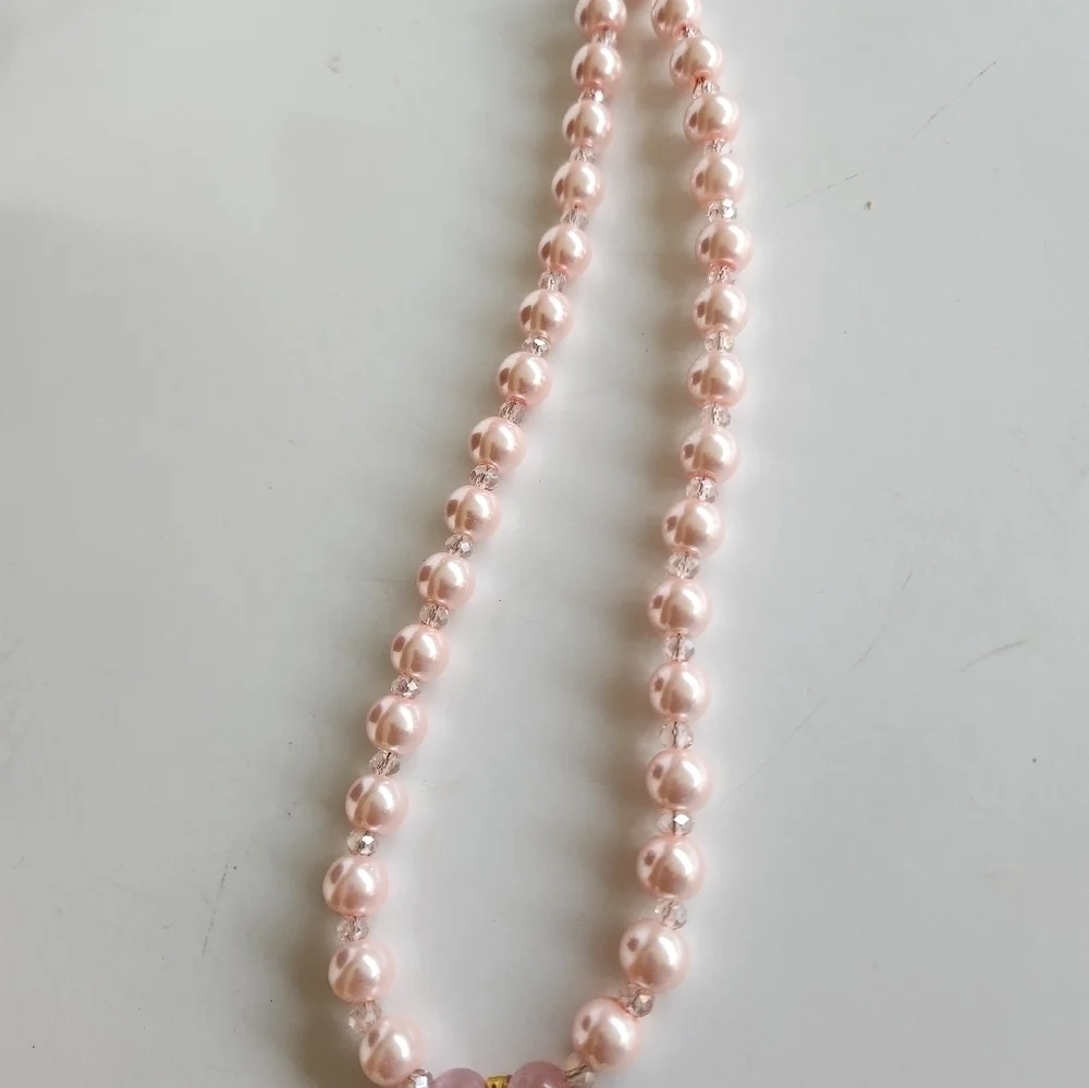 Hand Crafted Necklace & Bracelet Pink Pearl Crystals Cats Eye with Pendant